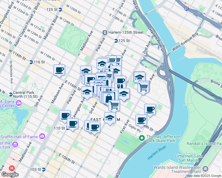 map of restaurants, bars, coffee shops, grocery stores, and more near 226 East 118th Street in New York