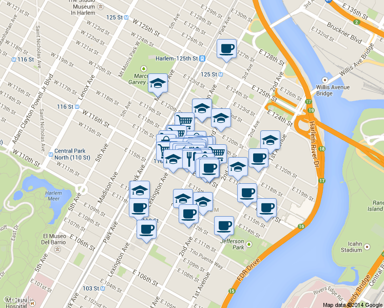 map of restaurants, bars, coffee shops, grocery stores, and more near 2139 3rd Avenue in New York