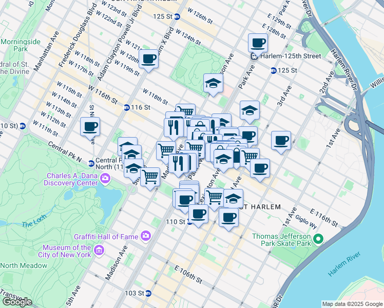 map of restaurants, bars, coffee shops, grocery stores, and more near 1607 Park Avenue in New York
