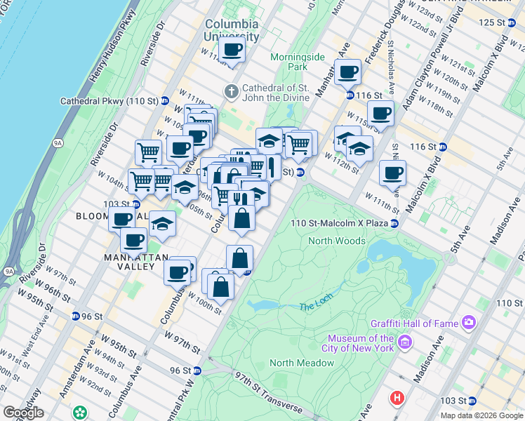 map of restaurants, bars, coffee shops, grocery stores, and more near 461 Central Park West in New York