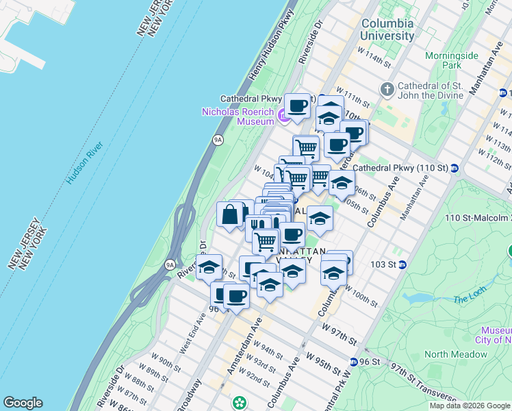 map of restaurants, bars, coffee shops, grocery stores, and more near 845 West End Avenue in New York