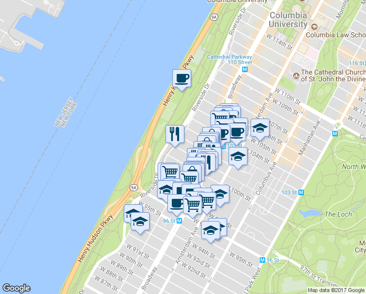 map of restaurants, bars, coffee shops, grocery stores, and more near 325 West 100th Street in New York