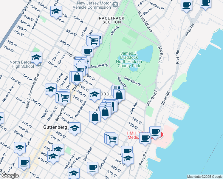map of restaurants, bars, coffee shops, grocery stores, and more near 217 78th Street in North Bergen