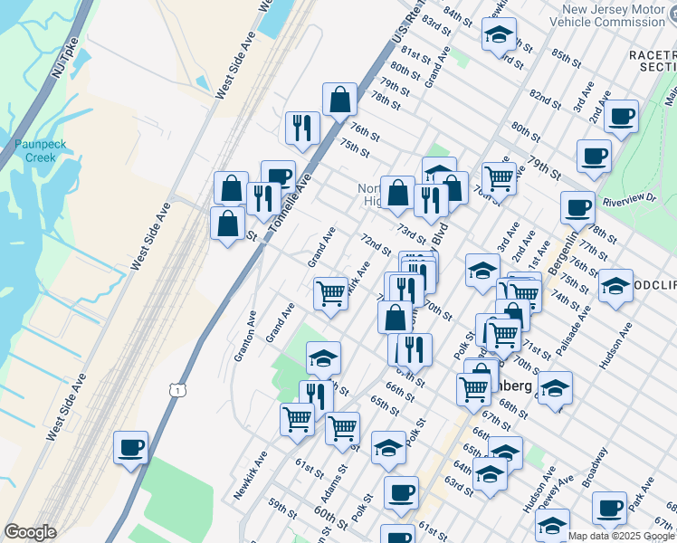 map of restaurants, bars, coffee shops, grocery stores, and more near 6812 Meadowview Avenue in North Bergen