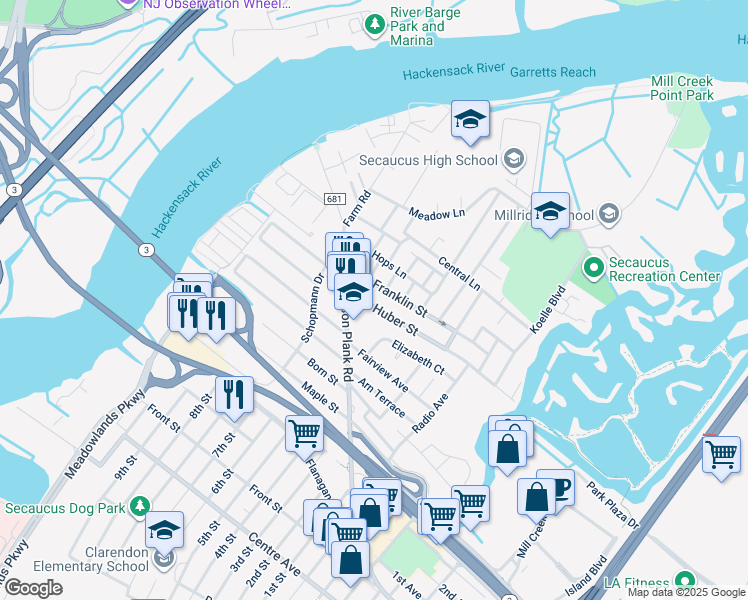 map of restaurants, bars, coffee shops, grocery stores, and more near 1520 Paterson Plank Road in Secaucus