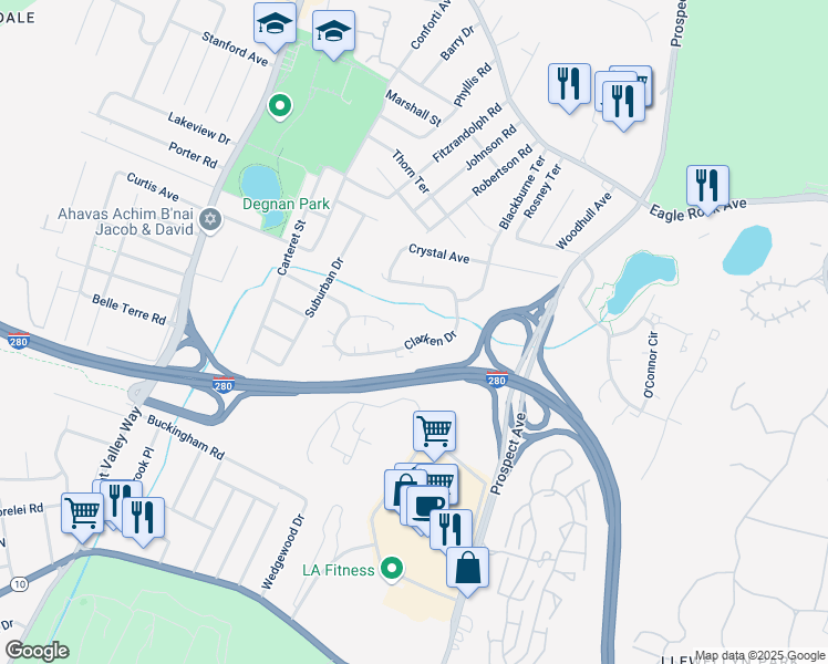 map of restaurants, bars, coffee shops, grocery stores, and more near 116 Clarken Drive in West Orange