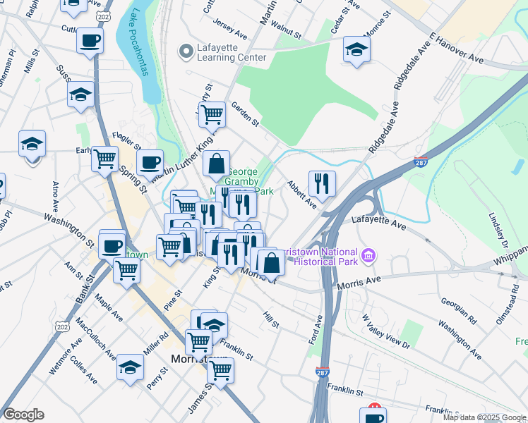 map of restaurants, bars, coffee shops, grocery stores, and more near 15 Jardine Road in Morristown
