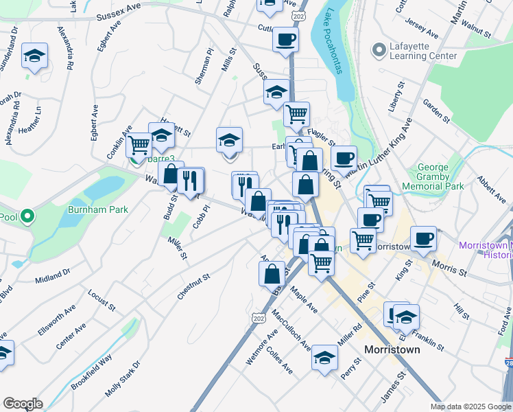 map of restaurants, bars, coffee shops, grocery stores, and more near 8 Phoenix Avenue in Morristown