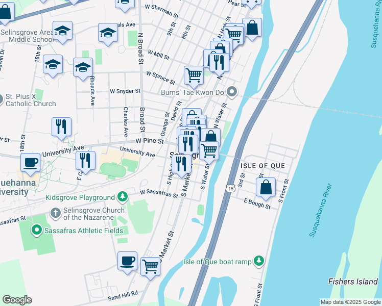 map of restaurants, bars, coffee shops, grocery stores, and more near in Selinsgrove