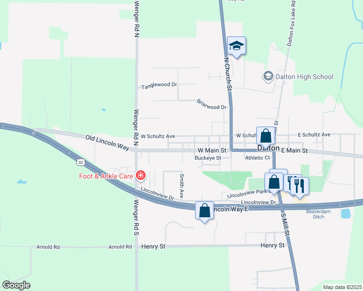 map of restaurants, bars, coffee shops, grocery stores, and more near 513 West Main Street in Dalton