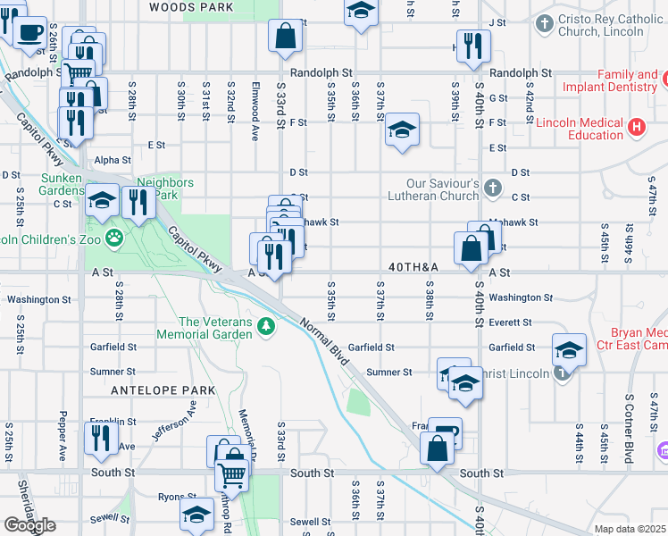 map of restaurants, bars, coffee shops, grocery stores, and more near 3500 Washington Street in Lincoln