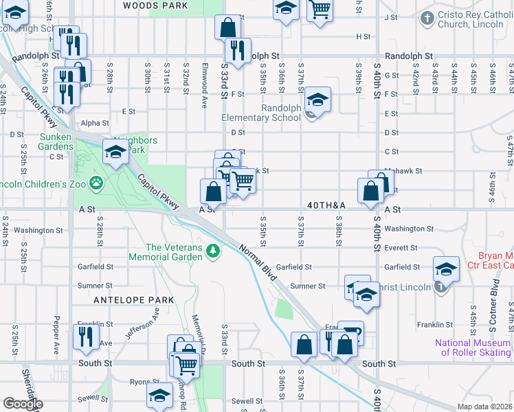 map of restaurants, bars, coffee shops, grocery stores, and more near 3500 Washington Street in Lincoln