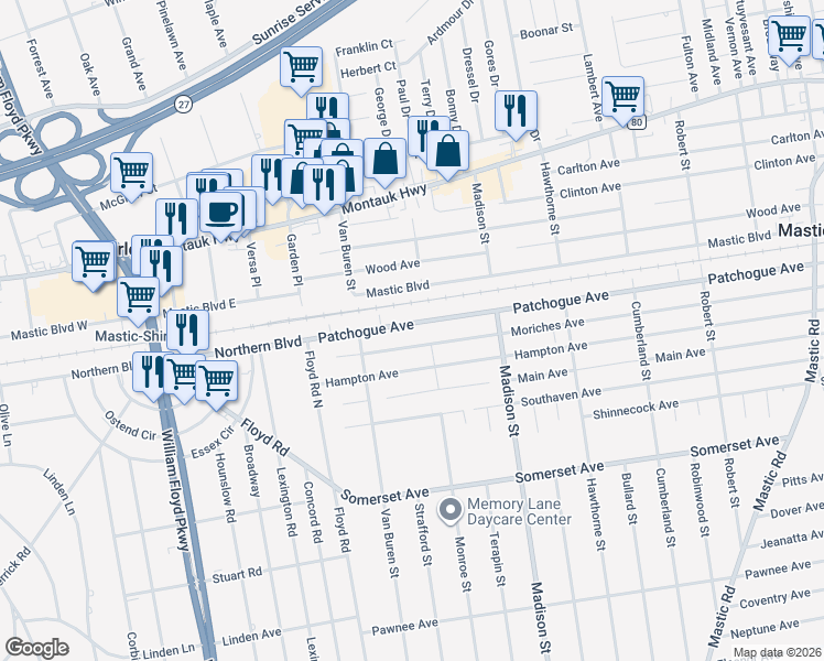 map of restaurants, bars, coffee shops, grocery stores, and more near 24 Moriches Avenue in Mastic