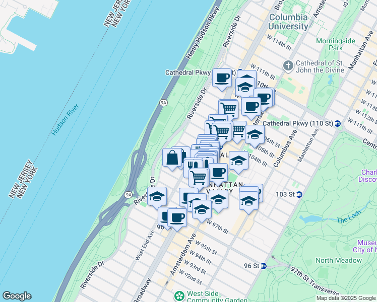map of restaurants, bars, coffee shops, grocery stores, and more near 845 West End Avenue in New York