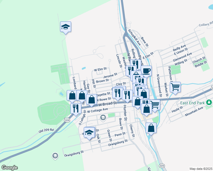 map of restaurants, bars, coffee shops, grocery stores, and more near 221 Clay Street in Tamaqua