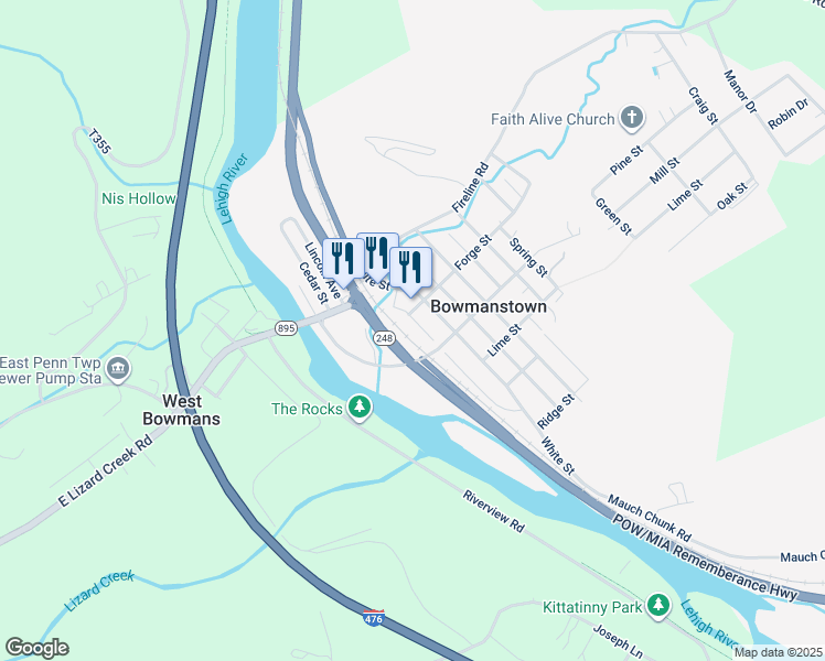 map of restaurants, bars, coffee shops, grocery stores, and more near in Bowmanstown