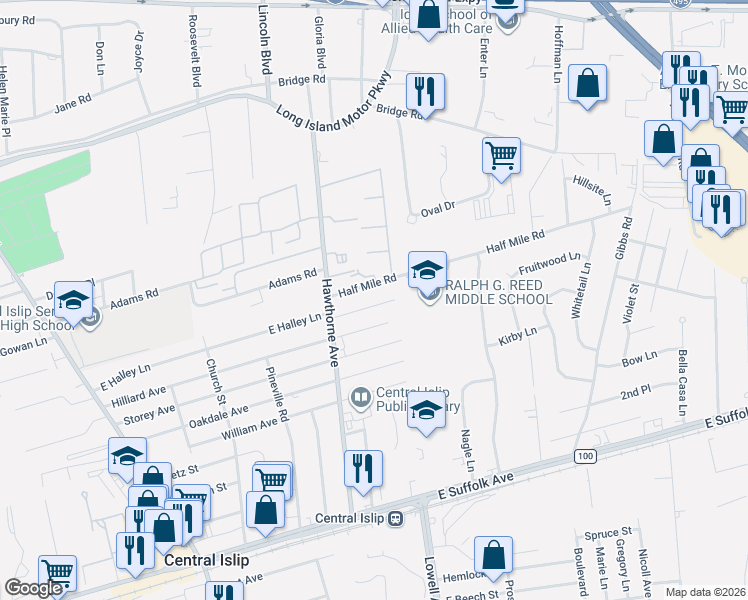 map of restaurants, bars, coffee shops, grocery stores, and more near 35 Bronx Avenue in Central Islip