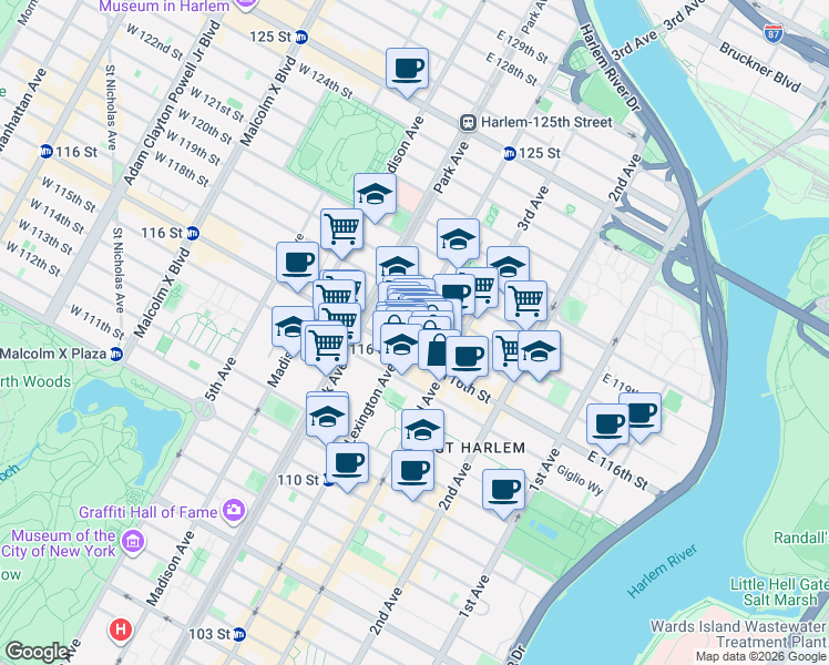 map of restaurants, bars, coffee shops, grocery stores, and more near in New York