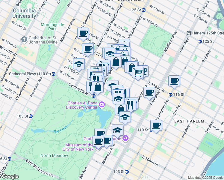 map of restaurants, bars, coffee shops, grocery stores, and more near 41 West 112th Street in New York
