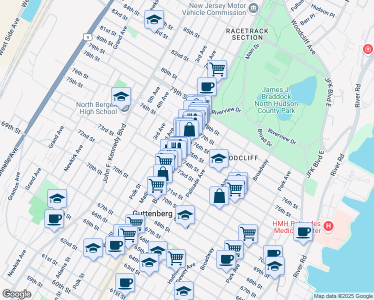 map of restaurants, bars, coffee shops, grocery stores, and more near 432 74th Street in North Bergen