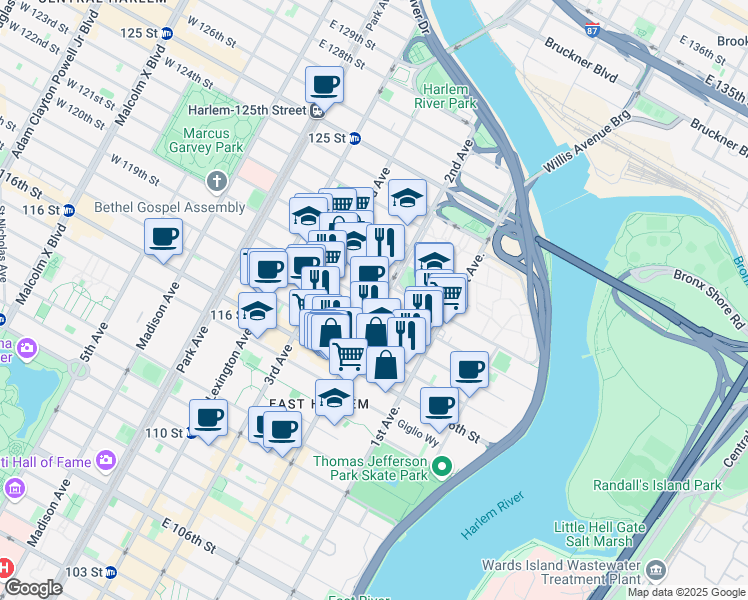 map of restaurants, bars, coffee shops, grocery stores, and more near 251 East 119th Street in New York