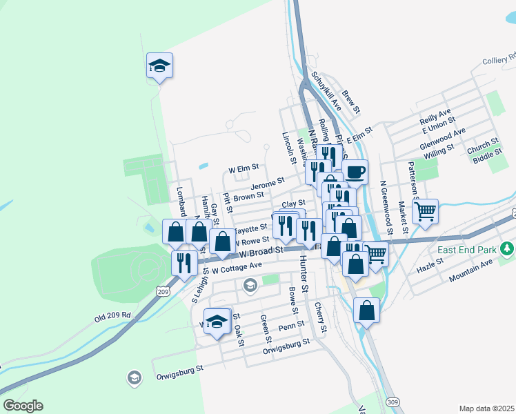 map of restaurants, bars, coffee shops, grocery stores, and more near 221 Clay Street in Tamaqua