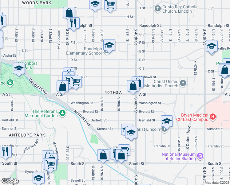 map of restaurants, bars, coffee shops, grocery stores, and more near 3795 A Street in Lincoln