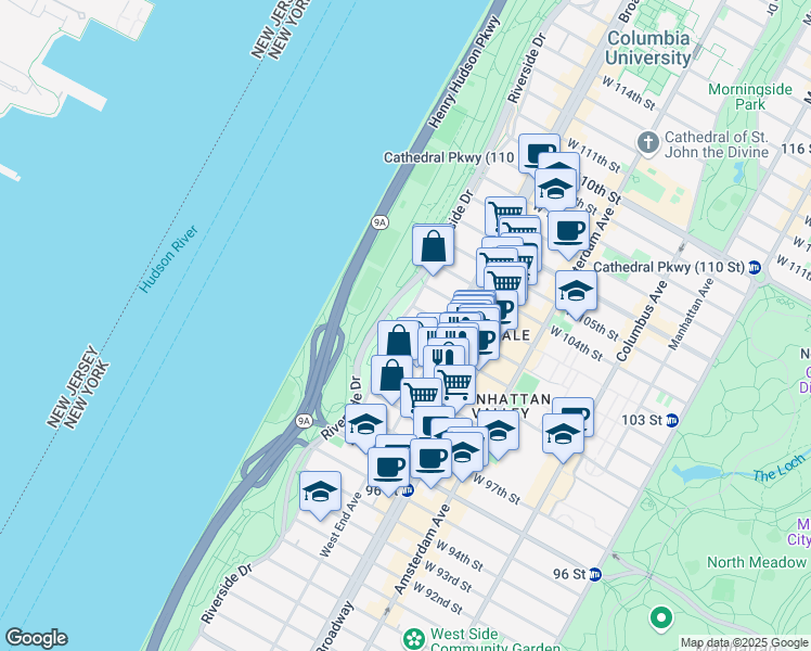 map of restaurants, bars, coffee shops, grocery stores, and more near 290 Riverside Drive in New York