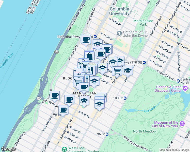 map of restaurants, bars, coffee shops, grocery stores, and more near 200 West 104th Street in New York