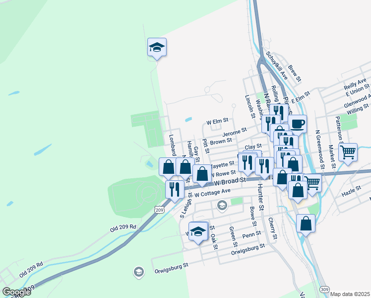 map of restaurants, bars, coffee shops, grocery stores, and more near 241 North Lehigh Street in Tamaqua