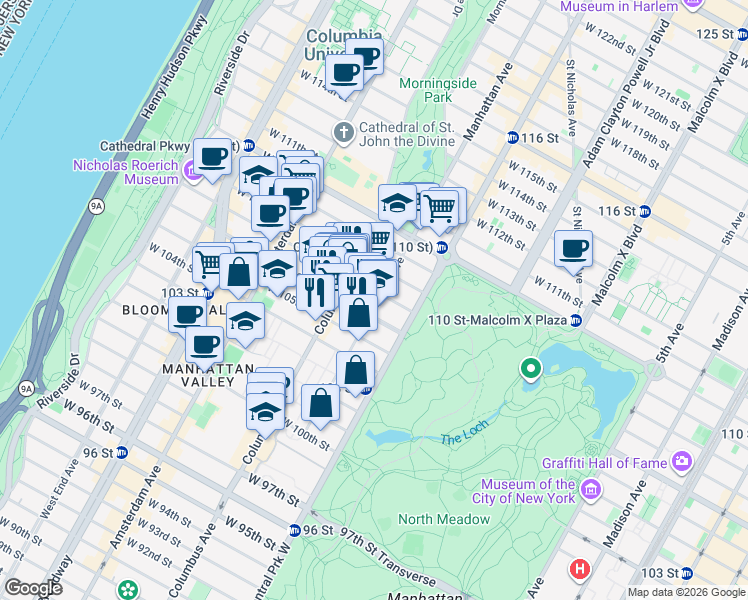 map of restaurants, bars, coffee shops, grocery stores, and more near 149 Manhattan Avenue in New York