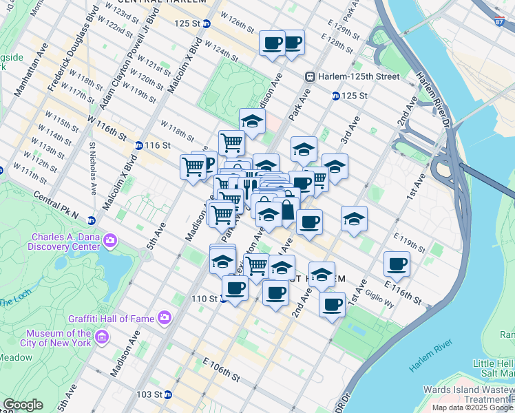map of restaurants, bars, coffee shops, grocery stores, and more near 113 East 116th Street in New York