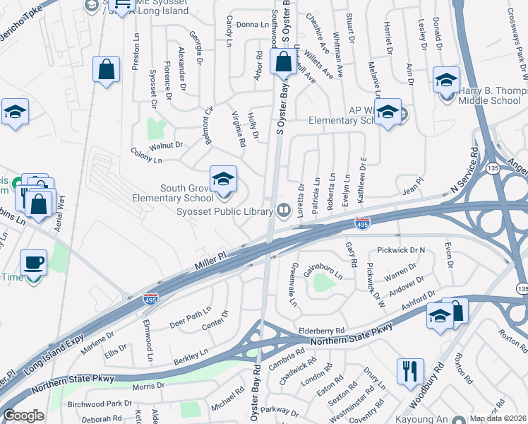 map of restaurants, bars, coffee shops, grocery stores, and more near 321 Southwood Circle in Syosset