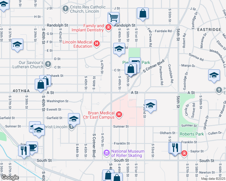 map of restaurants, bars, coffee shops, grocery stores, and more near 4727 A Street in Lincoln