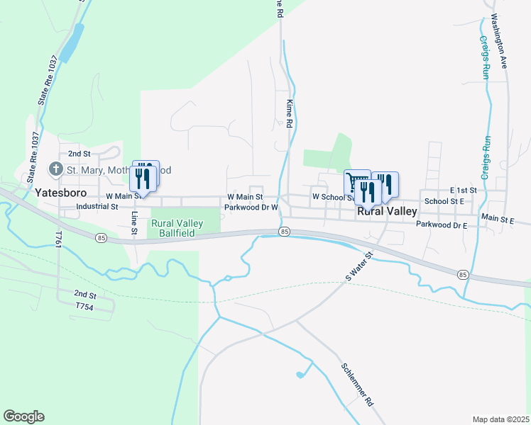 map of restaurants, bars, coffee shops, grocery stores, and more near 418 Parkwood Drive West in Rural Valley