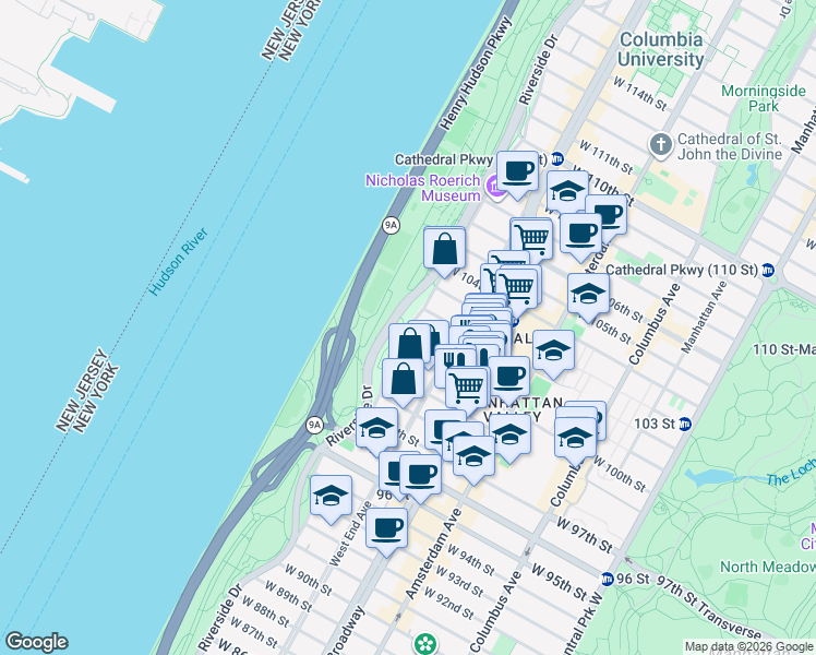 map of restaurants, bars, coffee shops, grocery stores, and more near Riverside Dr & W 101st St in New York