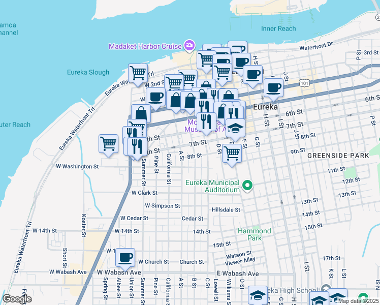 map of restaurants, bars, coffee shops, grocery stores, and more near 724 B Street in Eureka