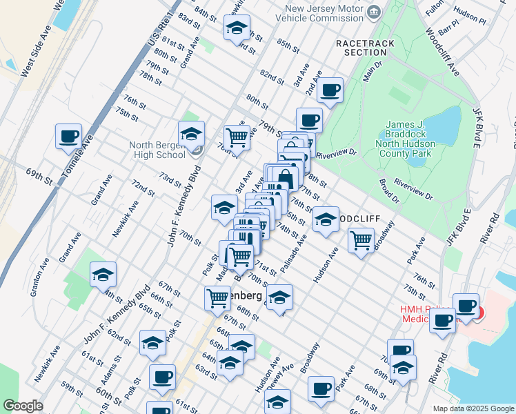map of restaurants, bars, coffee shops, grocery stores, and more near 516 73rd Street in North Bergen