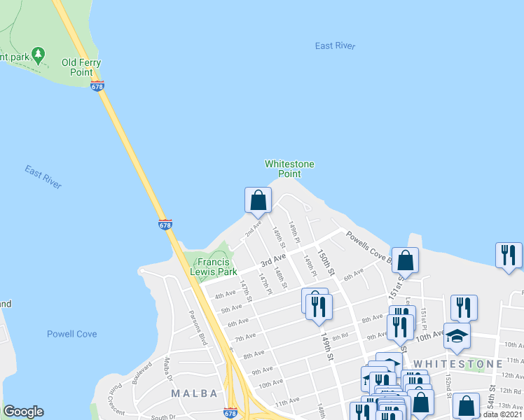 map of restaurants, bars, coffee shops, grocery stores, and more near 1-16 Powells Cove Boulevard in Queens