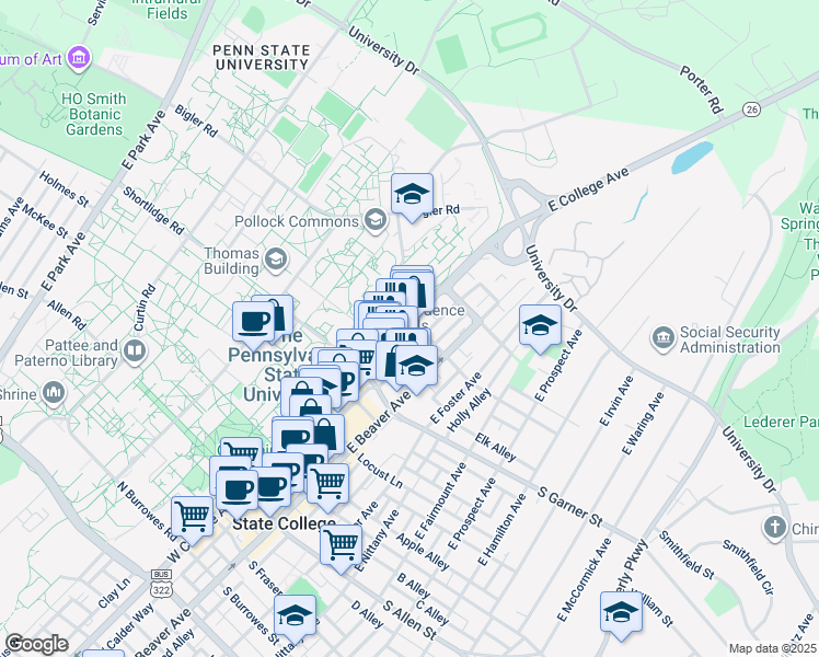 map of restaurants, bars, coffee shops, grocery stores, and more near 472 East College Avenue in State College
