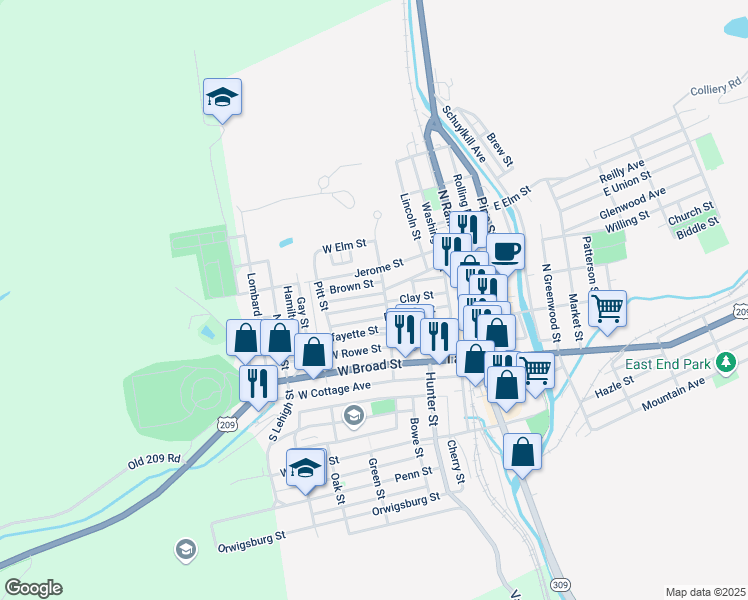 map of restaurants, bars, coffee shops, grocery stores, and more near 211-213 Clay Street in Tamaqua