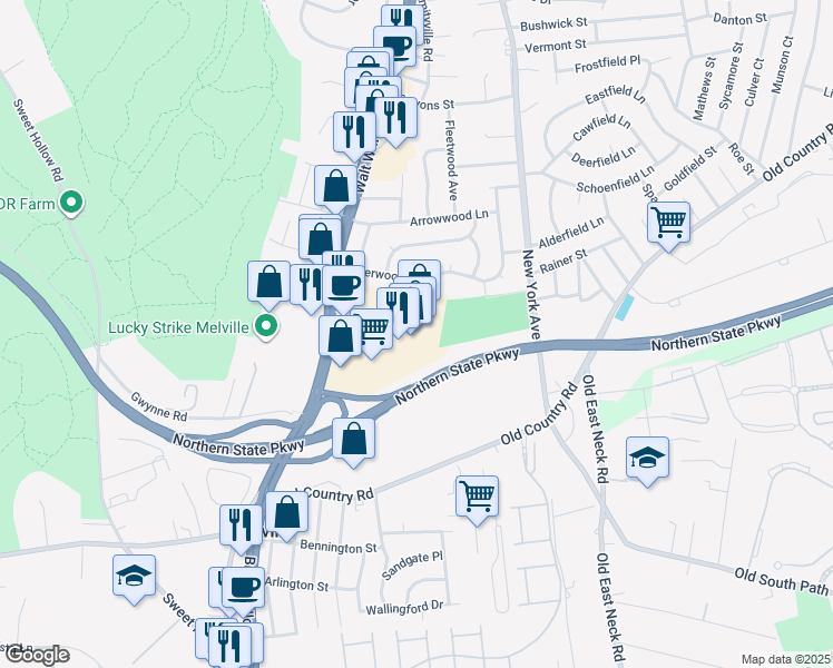 map of restaurants, bars, coffee shops, grocery stores, and more near 834A Walt Whitman Road in Melville