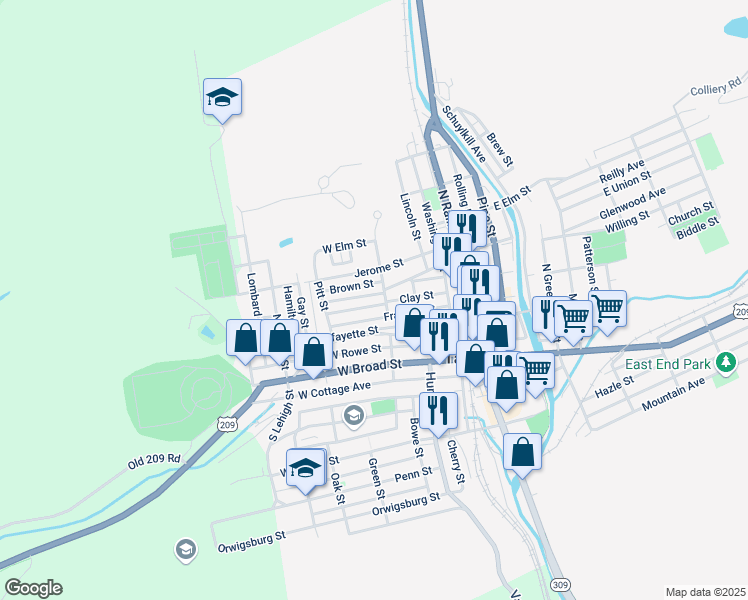 map of restaurants, bars, coffee shops, grocery stores, and more near 211-213 Clay Street in Tamaqua