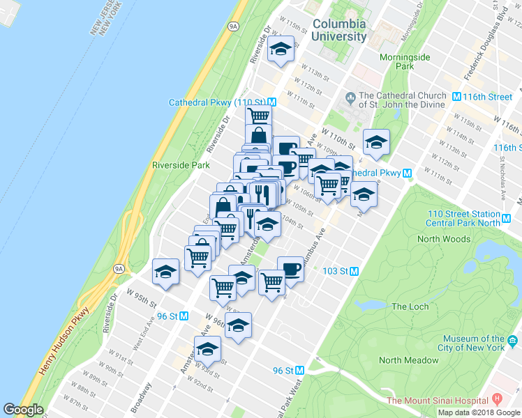 map of restaurants, bars, coffee shops, grocery stores, and more near in New York