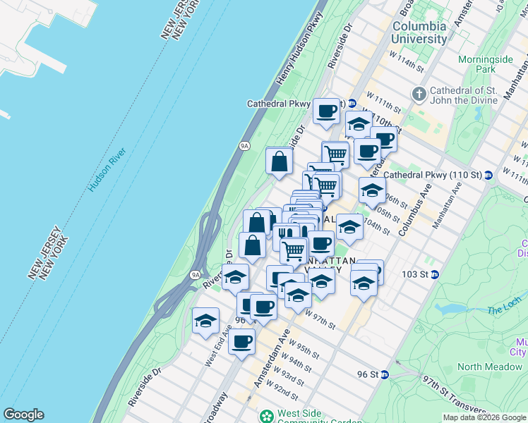 map of restaurants, bars, coffee shops, grocery stores, and more near 325 West 100th Street in New York