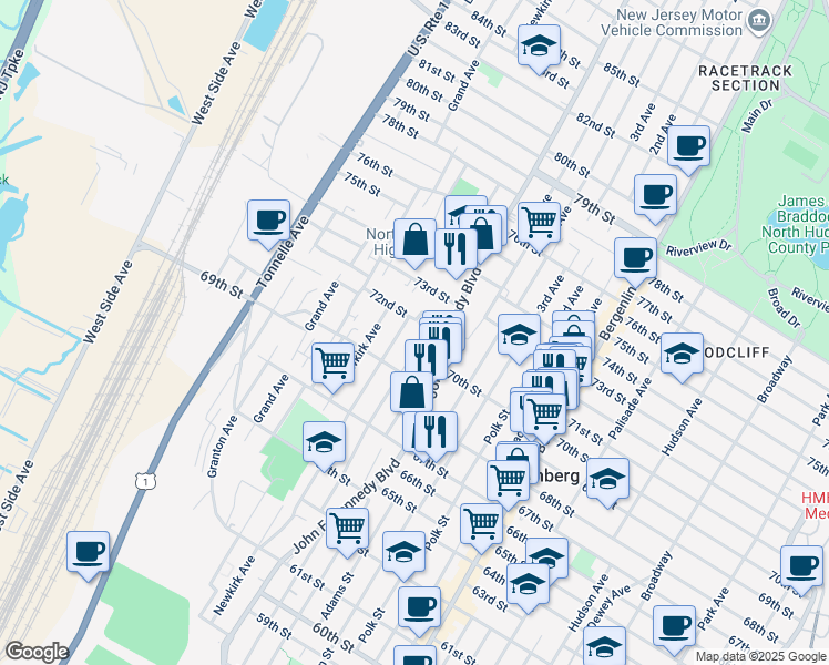 map of restaurants, bars, coffee shops, grocery stores, and more near 7021 Smith Avenue in North Bergen