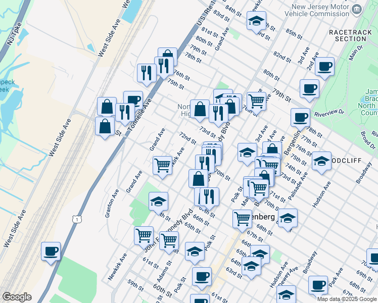 map of restaurants, bars, coffee shops, grocery stores, and more near 1306 70th Street in North Bergen