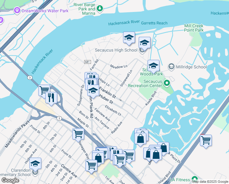 map of restaurants, bars, coffee shops, grocery stores, and more near 141 Franklin Street in Secaucus