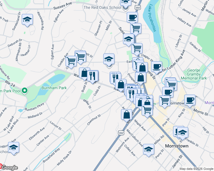 map of restaurants, bars, coffee shops, grocery stores, and more near 19 Phoenix Avenue in Morristown
