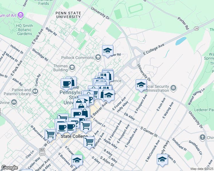 map of restaurants, bars, coffee shops, grocery stores, and more near 478 East Calder Way in State College
